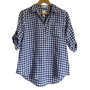 Chico's Size 0/Small/US 4 Blue White Buffalo Plaid Gingham No Iron 100% Linen Po